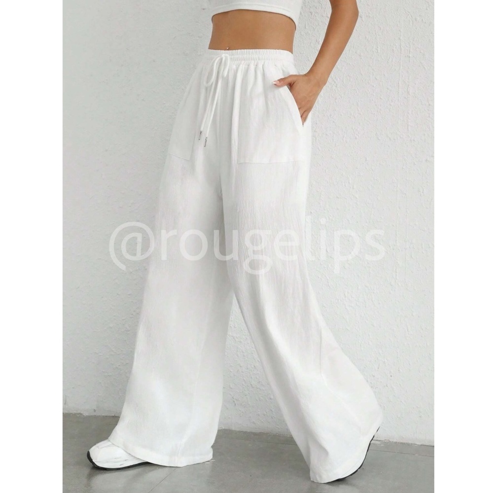 White 100% Cotton Elastic Waist Wide Pants with Drawstring Ties Pockets Long